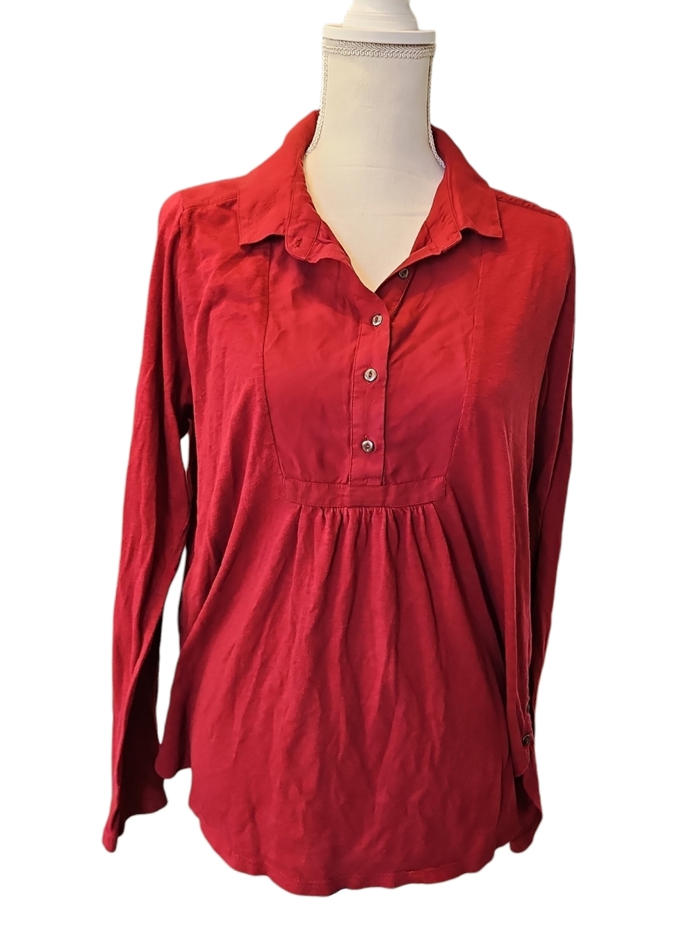 Women's Red Long-Sleeve Buttoned Popover Top Lucky Brand Size Medium